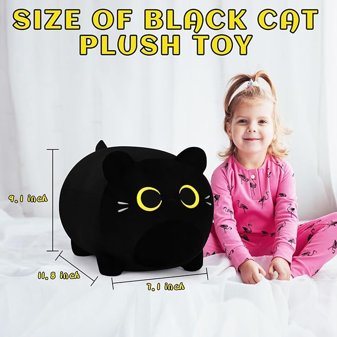 Cute Soft Plush Cat Plushie - 11.8'' Black Cat Stuffed Animal, Cat Plush Pillow for Kids, Girls & Boys