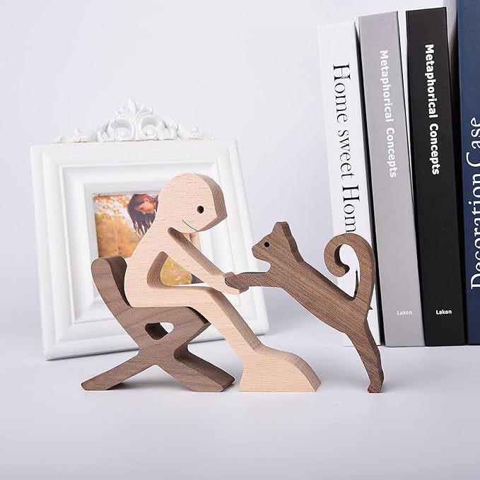 ISHINE Wooden Men and Cat Sculpture, Handmade Animal Figurines, Wood Decor Collectible Figurine for Home Office Natural ECO Friendly