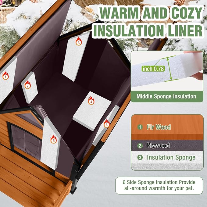 Dog House Outdoor Insulated for Winter, Puppy Kennel with Anti-Chewing Iron Frame, Weatherproof Dog Crate with Insulated Liner for Small Medium Large Dogs (Brown, 45" x 32.9" x 32.6")