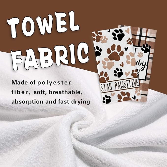 Dog Cat Paw Print Kitchen Dish Towels Set of 2, Best Furbaby Ever Drying Hand Towels Stay Pawsitive Baking Cooking Cloth, Plaid Farmhouse Home Kitchen Decoration Pet Lover Gifts 18 x 26 Inch