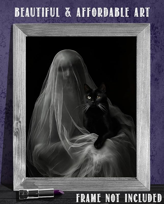 Ghost with a Black Cat Halloween Poster - Dark Academia Gothic Home Decor, Eerie Mystery Figure Art Print for Halloween Enthusiasts and Unique Wall Art Collectors (Unframed Print Poster, 11x14)