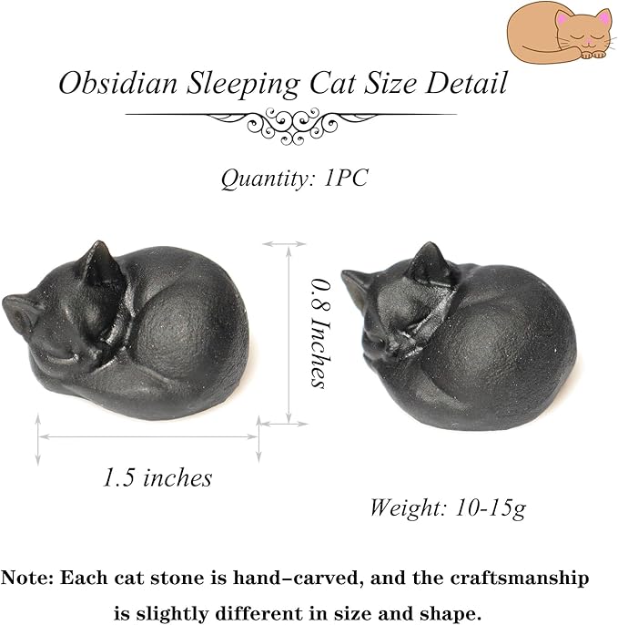Obsidian Cat Collectible Figurines 1PC, 1.5" Gemstone Sleeping Cat Statues, Black Obsidian Cat, Hand Carved Healing Crystal Obsidian Black Kitty Animals Statues for Desk Decor