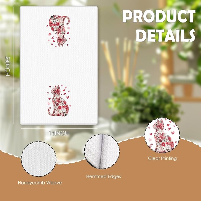 Floral Cat Kitchen Towels, Cat Lovers Gifts Hand Towels for Bathroom, Kitchen Bathroom Decor, 16x24 Inch