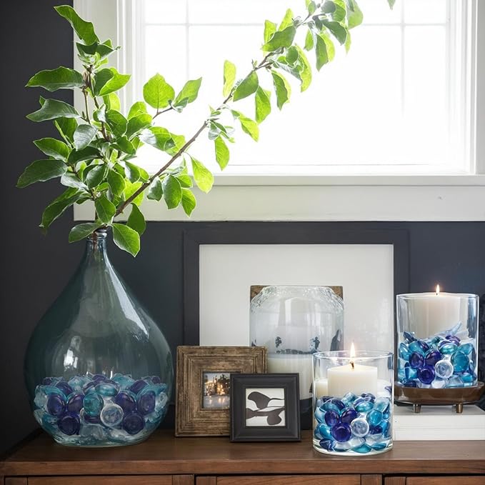 FUTUREPLUSX 0.97 pounds, Flat Glass Marbles, Blue Mixed Gemstone Vase Fillers Beads Decorative Glass Pebbles Floral Fish Tank Rocks for Vases Table Scatter Aquarium Decor