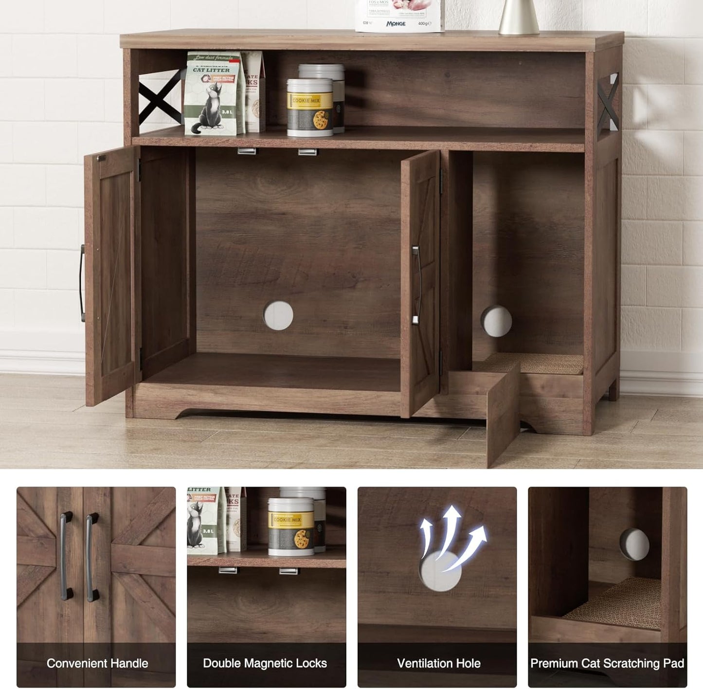 Cat Litter Box Enclosure, Hidden Litter Box Furniture with Scratch Pad, Farmhouse Indoor Cat House Washroom End Table, Retro Brown