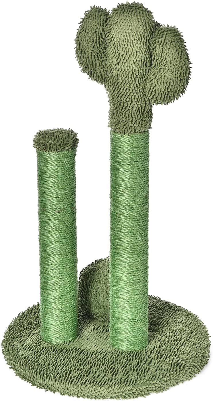 Amazon Basics Cat Scratcher - Indoor Cactus Triple Posts Cat & Kittens Scratching Post with Dangling Ball, Small (22.4"H) - Green