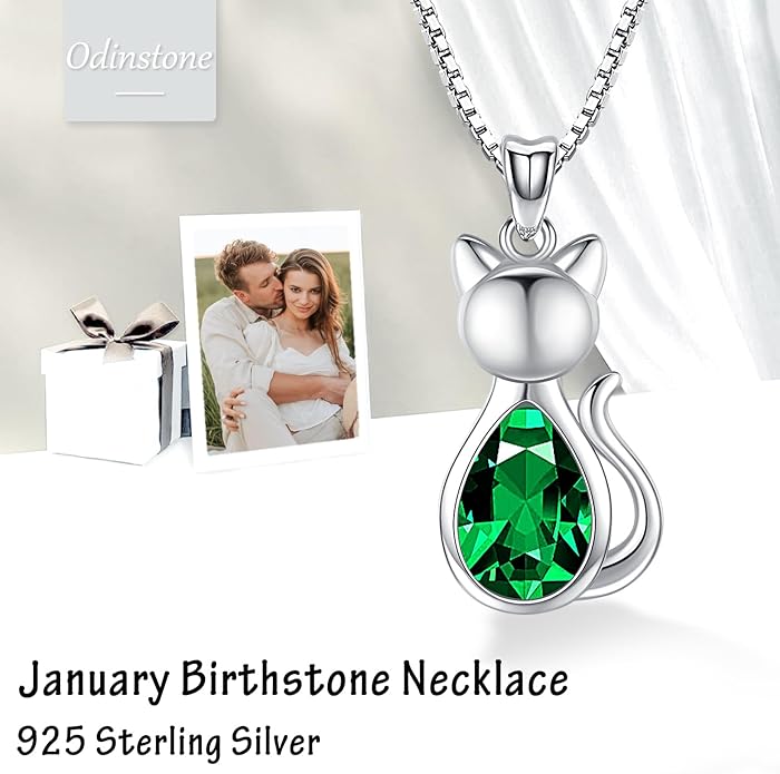 Odinstone Cat Birthstone Necklaces Jewelry Sterling Silver Cat Pendant Necklace Gift for Women Gifts, 18'' Silver Box Chain Women's Birthstone Crystal Cat Jewelry Gifts