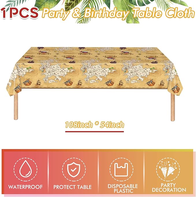 41 Pieces Pirate Party Tableware Set Pirate Birthday Party Decorations Includes Treasure Map Plates Nautical Napkins and Plastic Island Treasure Tablecloth for Treasure Theme Birthday Party Decoration