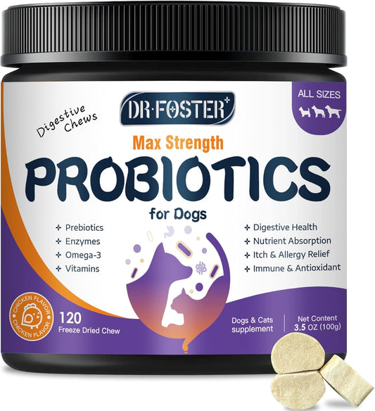 Probiotics for Dogs, Freeze-Dried Dog Probiotics and Digestive Enzymes, Plus Omega-3 for Itchy Skin, 3-in-1 Prebiotics for Digestive Health, Dog Vitamins and Supplements for Immune Health, 120 Bites