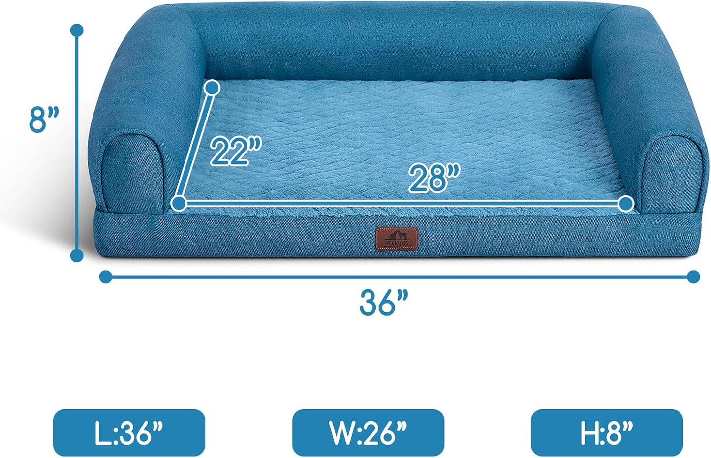 Hollypet Orthopedic Dog Bed for Large Dogs, Supportive Foam Pet Couch with Removable Washable Cover and Non-Slip Bottom, Waterproof Lining Dog Sofa Bed, Blue, L (36 * 26 * 8)