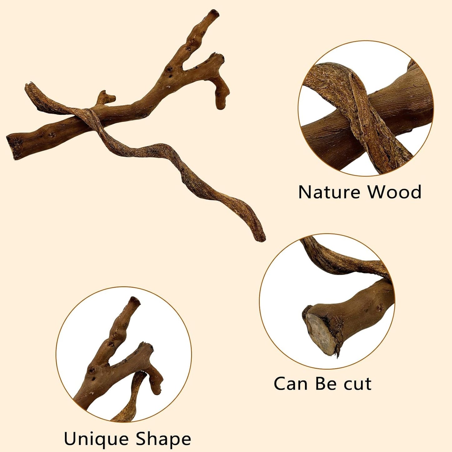 BNOSDM 2PCS Reptile Wood Branches, Snake Climbing Branch, Bearded Dragon Climbing Accessories, Lizard Habitat Decor, Terrarium Tree Trunk Ornament for Gecko Frog Chameleon Spider