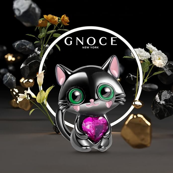 GNOCE Black Cat Embraces Heart Gemstone Charm Bead Sterling Silver Fit Bracelet/Necklace Jewelry Gift For Women Wife