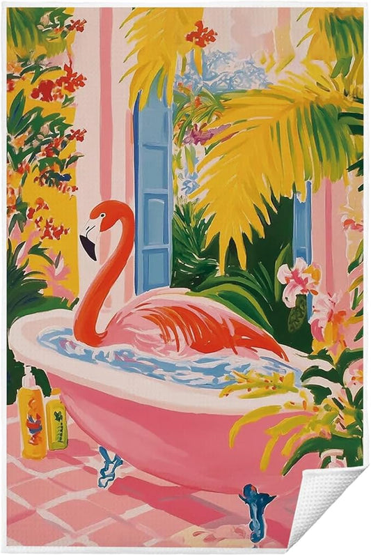 Flamingo Hand Towels for Bathroom, Trendy Maximalist Tropical Botanical Flamingo Hand Towels for Bathroom Decor, 16x24 Inch