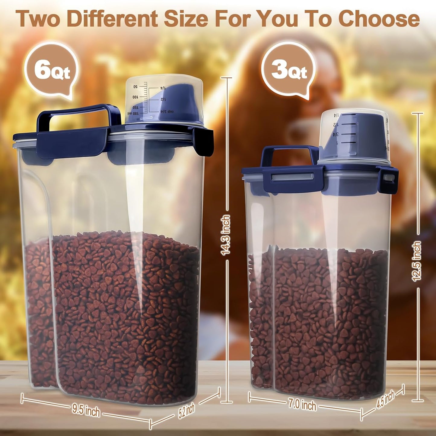 Dog Food Storage Container, 5-7 Lbs Airtight Pet Food Container, Cat Food Container Dispenser with Portable Handle, Pouring Spout and 4 Seal Buckles for Dogs Cats 2 Pack Blue