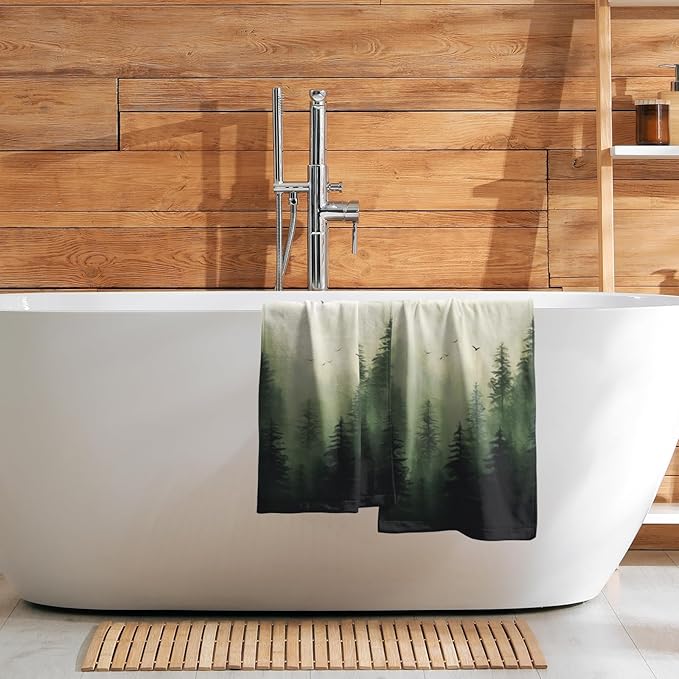 Green Misty Forest Hand Towels Set of 2 Mountain Woodland Soft Guest Face Bath Towel Bathroom Decorations Thin Kitchen Tea Dish Towels
