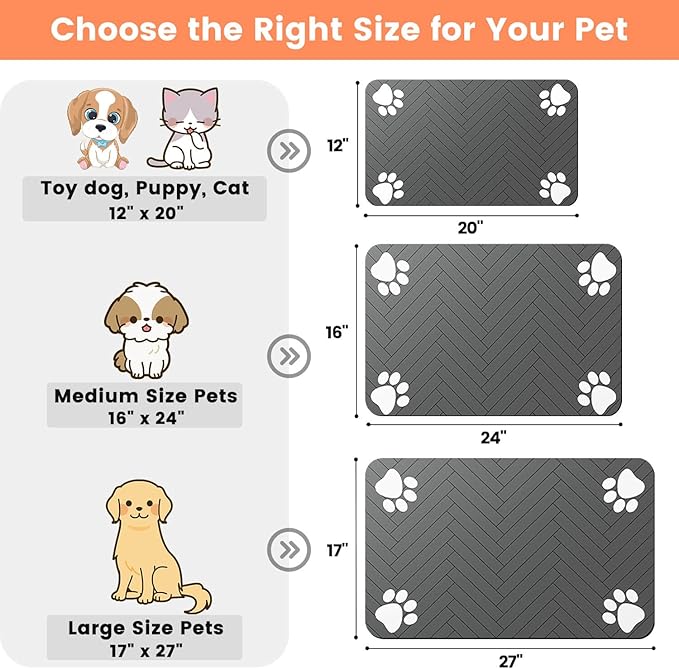 Pet Feeding Mat-Absorbent Pet Placemat for Food and Water Bowl, with Waterproof Rubber Backing, Quick Dry Water Dispenser Mat for Dog and Cat (12"x20", Striped Dark Gray)