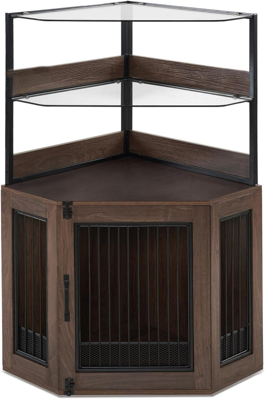 MCombo Small Corner Dog Crate Furniture with Glass Shelves, Wooden Dog Kennel Furniture with Door, Pet Crate Indoor Use, CN17 (Brown)