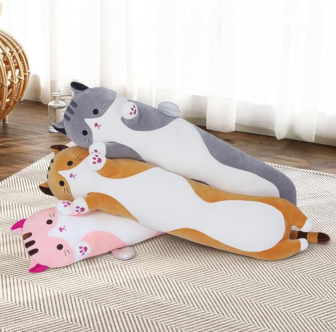Soft Cat Plush Pillow, Grey Long Cat Stuffed Animals Soft Long Kitten Plushies Kawaii Cat Stuffed Plush Toy for Kids Girlfriend(70cm/27.5inch)