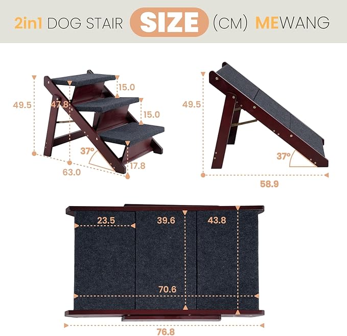 MEWANG Wooden Pet Stairs/Pet Steps - 3-in-1 Foldable Stairs & Ramp for Beds and Cars - Portable Dog/Cat Ladder Up to 220 Pounds - Great for Small and Older Animals(Brown) (24.8" L x 17.2" W x 19.5" H)