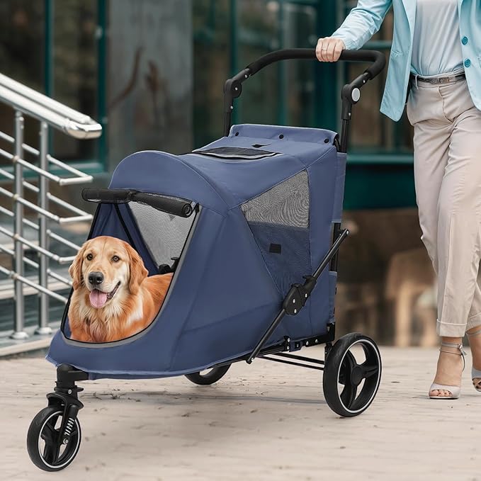 Magshion Pet Stroller for Medium Dogs w/Adjustable Handle, 3-Wheel Dog Cat Wagon w/Dual Entry, Rear Storage, Breathable Mesh, One-Foot Brake, Ideal for Large Pets up to 55 lbs, Navy Blue