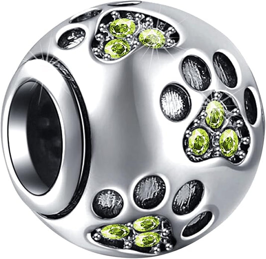 EMOSTAR Dog Paw Print Charms with Various Birthstone Crystals, 925 Sterling Silver Pawprint Beads for 3mm Snake Chain, Pet Lover Gifts for European Women Bracelet