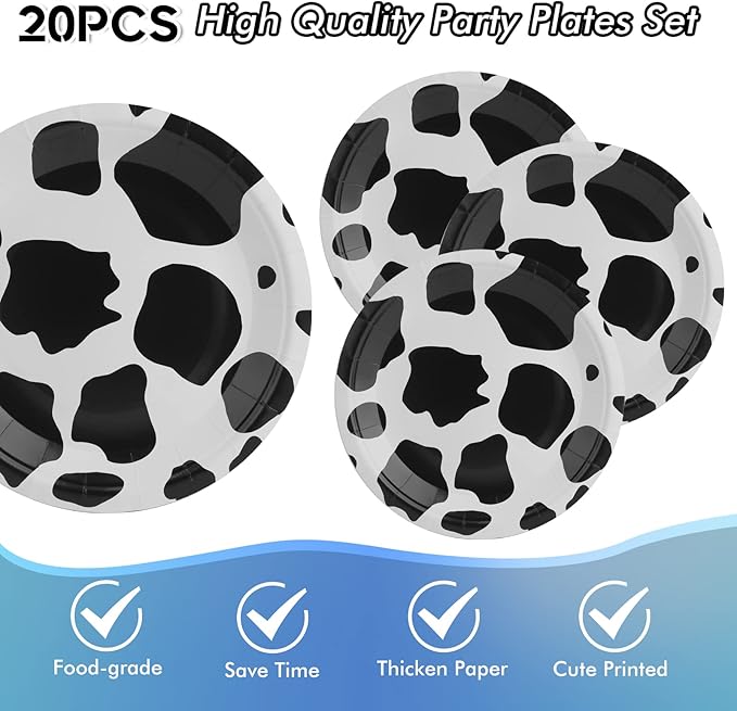 Cow Birthday Party Supplies - Farm Cow Print Birthday Party Tableware Includes 20 Party Plates, 20 Napkins and 1 Tablecloth Perfect for Cow Farm Theme Birthday Parties Decorations