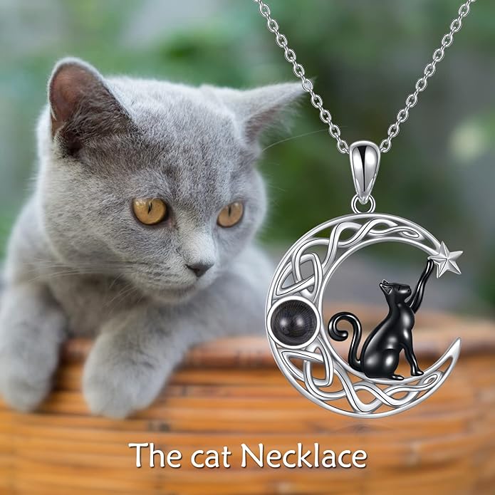 Celtic Moon Black Cat Necklace for Women - Abalone Tree of Life Sterling Silver Cat Lovers Jewelry