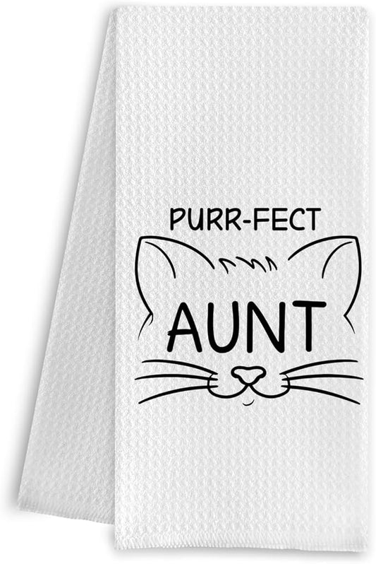 Funny Cat Kitchen Towels for Aunt, Purr-FECT Aunt Hand Towels, Waffle Weave for Kitchen & Bathroom, Cat Lovers' Gift, 16x24 Inch