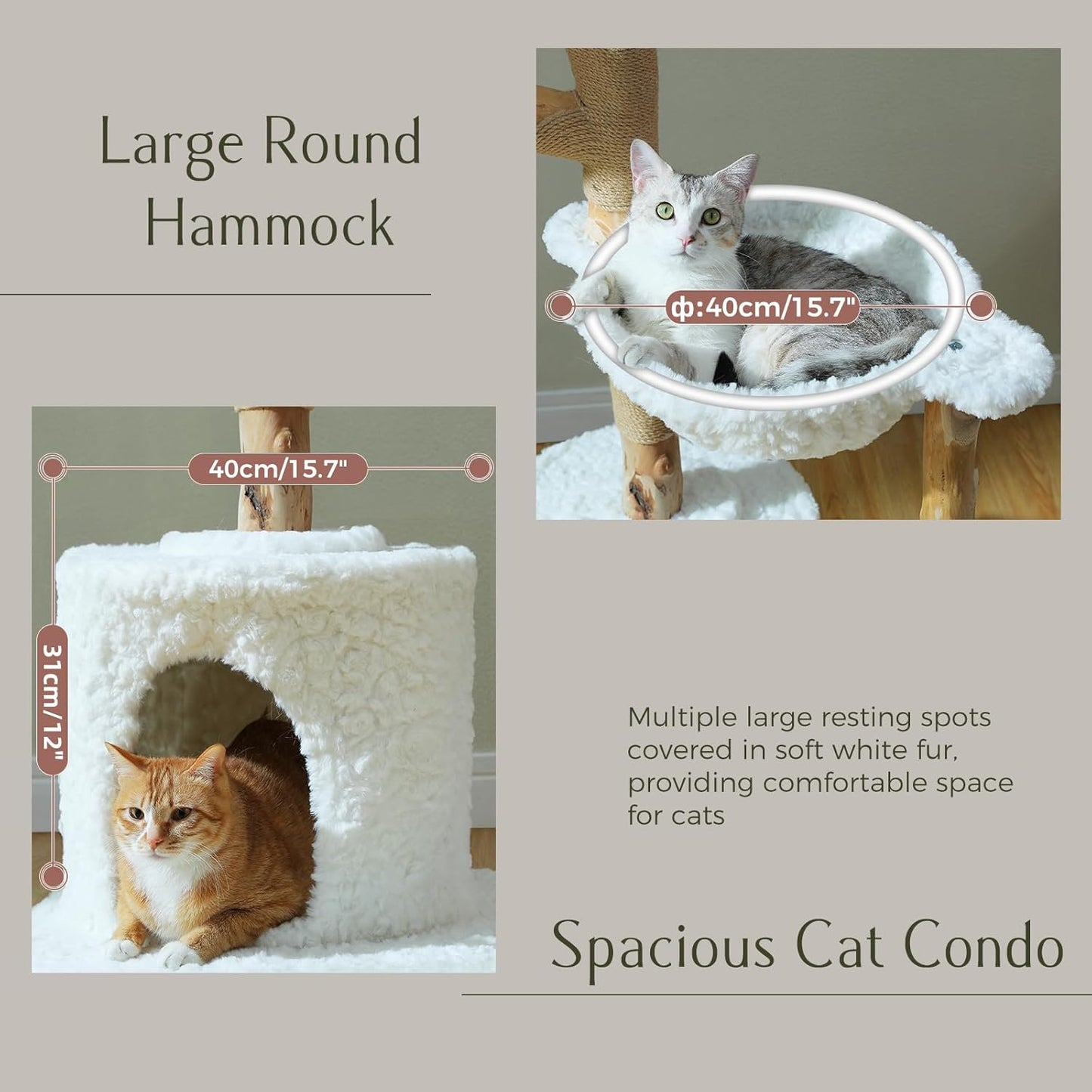 PAWZ Road Cat Tree for Indoor Cats Large Adults, 59 Inches Modern Cat Tower with Large Basket and Hammock, Natural Solid Wood, Luxury Condo & Dual Perches, Modern Cat Furniture for Big Cats, White