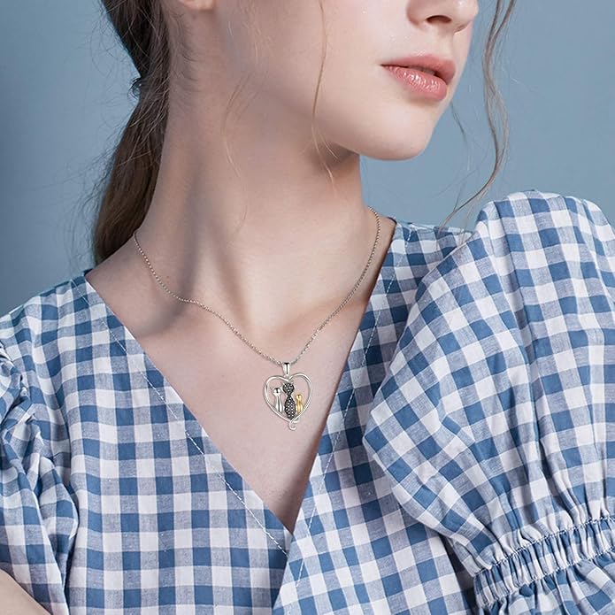 MONGAS Cat Necklace Sterling Silver Sister Pendant Necklace Black Cats Jewelry Gifts Cat Lover Woman Sisters