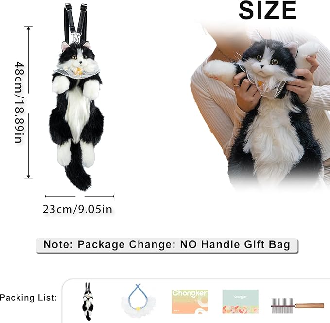 Chongker Stuffed Animals Backpack - Cute Cat plush Backpack Toy, Handcrafted Realistic Cat Shaped Backpack, Heartwarming Surprise Idea, Companionship Stuffed Cat, Large Black Cat