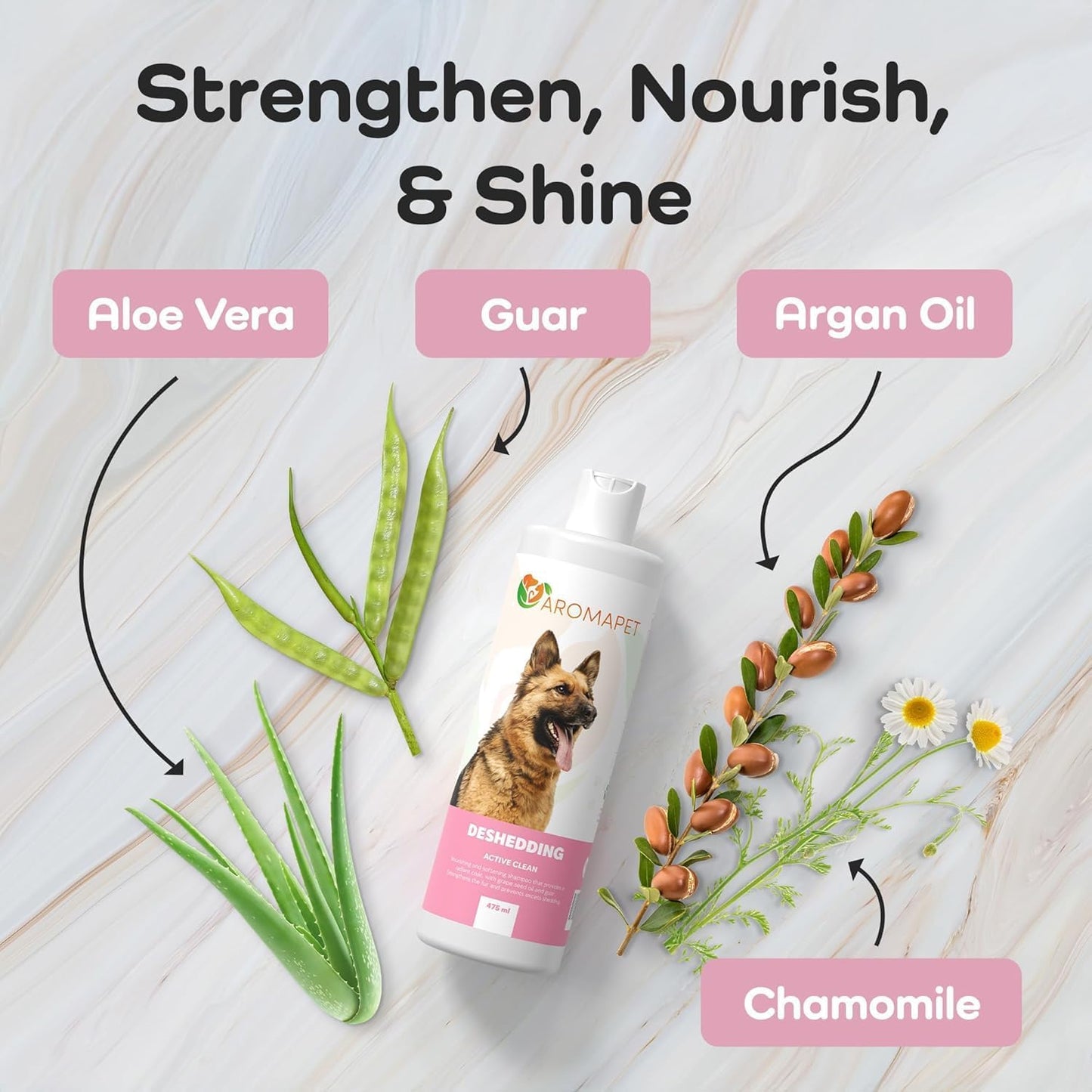 Deshedding Active Clean Dog Shampoo - Deodorizing Dogs Shampoo with Aloe, Argan Oil, Chamomile - Great for German Shepherds & Double Coats - Gentle, Hypoallergenic Dog Shampoo - 475mL
