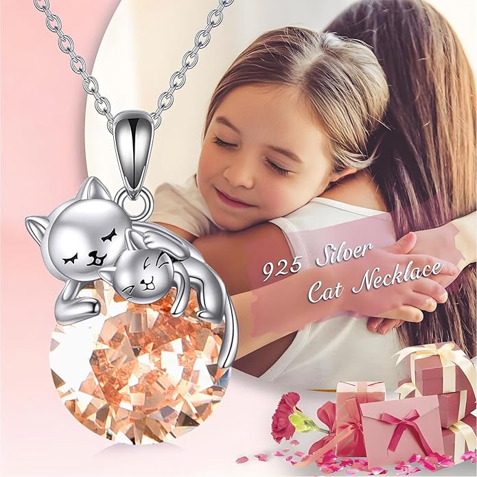 Cat Necklace Sterling Silver Cat Pendnat with Rose Quartz Pearl Jewelry Gifts for Women Cat Lovers