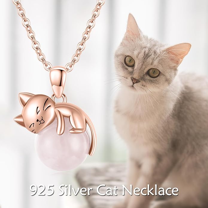 Cat Necklace Sterling Silver Cat Pendnat with Rose Quartz Pearl Jewelry Gifts for Women Cat Lovers