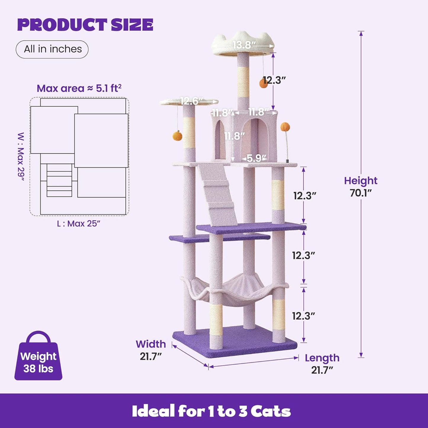 MWPO Flower Large Cat Tree, 70.1-Inch Multi-Level Tall Cat Tower for Indoor Cats, Plush Cat Condo with Big Padded Perches, Sisal-Covered Scratching Posts, Hammock, Toys for Kittens & Cats