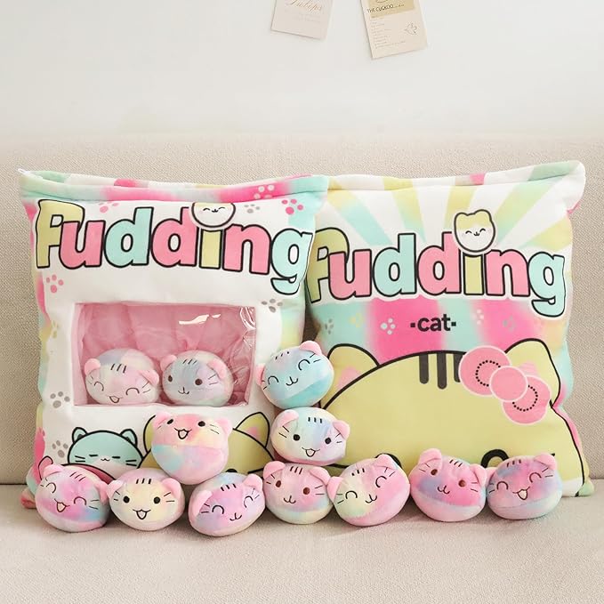 Cat Plush Pillow, Cute Plushies with Kitten Doll, Removable Stuffed Animals Throw Pillow, Kawaii Plushies Cat Toy for Kids, Gift for Girls Boys Birthday (Colorful Kittens)