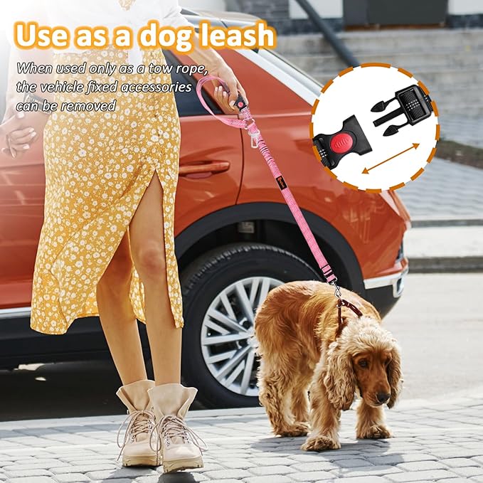 Removable Dog Seat Belt Harness for Car, 3 in 1 Pet Dog Car Seatbelt Leash, Retractable Restraint Secures to Vehicle Headrest & Adjustable Reflective Bungee Dog Seatbelt Tether, Pink and Black