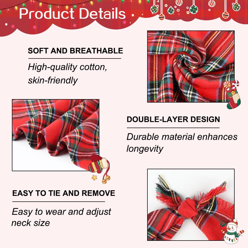Vivifying Dog Christmas Bandana with Tassels Edges, 2 Pack Classic Plaid Triangle Pet Apparel & Accessories, Funny Holiday Dog Scarf Costume for Photo Prop, and Party Decor (Small, Red&Green)