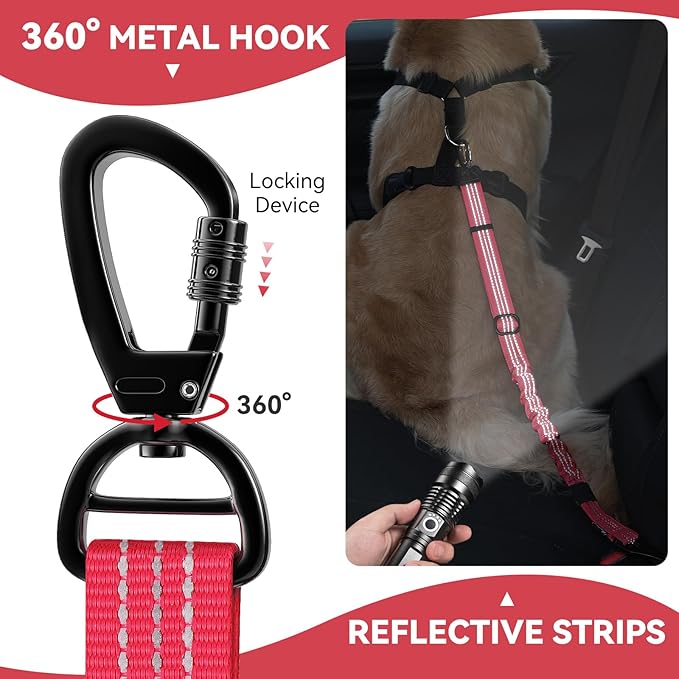 Pawaboo Dog Seatbelt for Car, 3-in-1 Dog Seat Belt Bungee, Shockproof Dogs Tether for Car with Buckle & Hook Latch, Adjustable Reflective Dogs Cars Harness Leash with 360° Lockable Buckle, Red