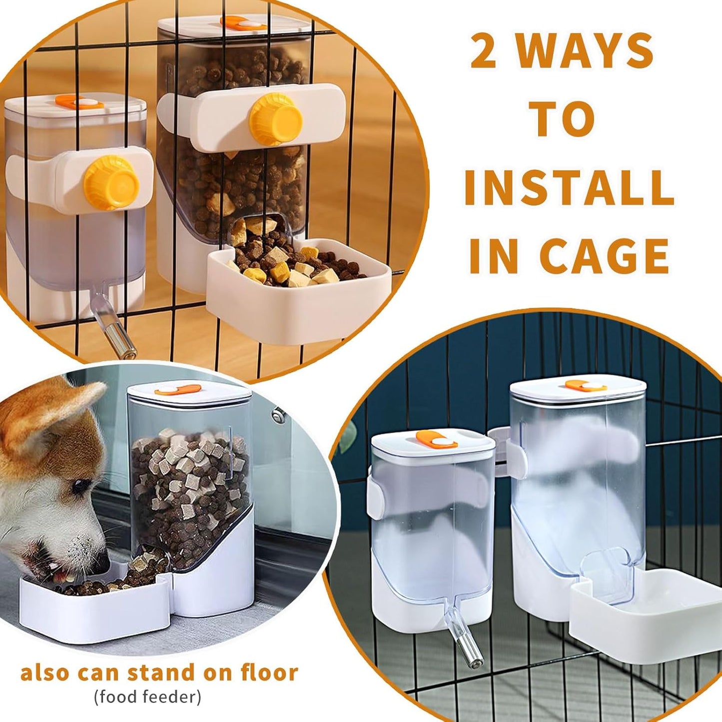 34oz Automatic Rabbit Feeder for Cages, Hanging Auto Bunny Food Bowl Dispenser Small Aniaml Cage Accessories for Ferret Guinea Pig Rat Rabbit Cat Puppy (White)