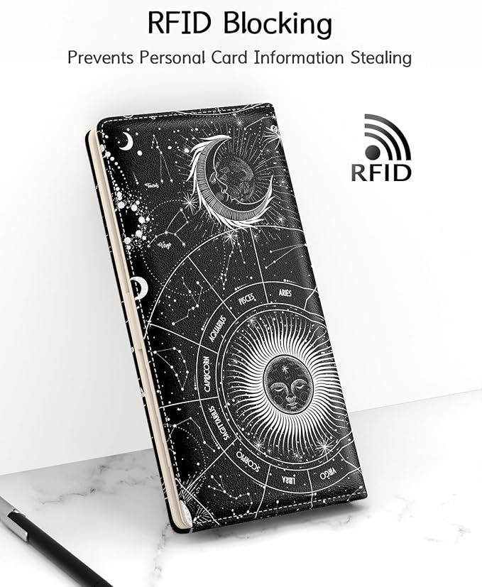 Nipichsha Womens Wallet, RFID Slim Wallets for Women, Thin Ladies Credit Card Holder Purse, Cute Leather Bifold Clutch Billfold with 11 Card Slots & ID Window, Sun Moon