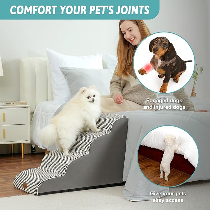 Dog Stairs for Small Dogs 19.7" H, Curved Dog Step for Puppy, Older or Cat, Medium Pet Ramp for Sofa, Couch or Bed, Ladder with High Density Foam, 15.7x28.3x19.7 inch, 4 Step, White Black
