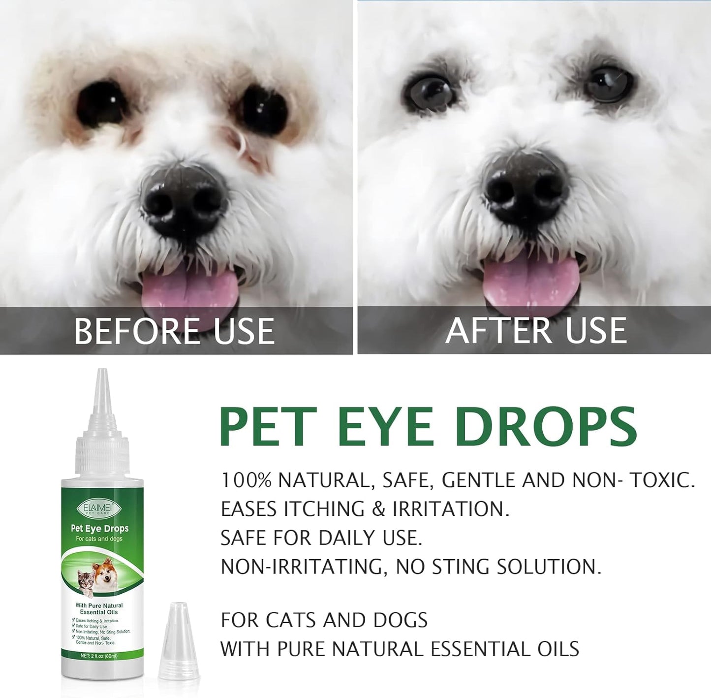 Pet Eye Drops for Dogs & Cats, Relieve Itching, Irritation & Allergies Symptoms - Natural Formula, Dog Eye Infection Treatment, Safe for Daily Use(60ml)