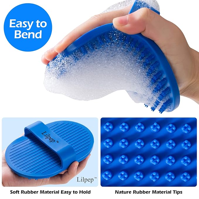 Lilpep Dog Bath Brush, Rubber Pet Shampoo Brush with Silicone Bristles for Massaging Grooming, Removing Short Haired Dogs Cats Shedding, Tangles and Dead Undercoat 2pcs (Blue+Red, plum brush)
