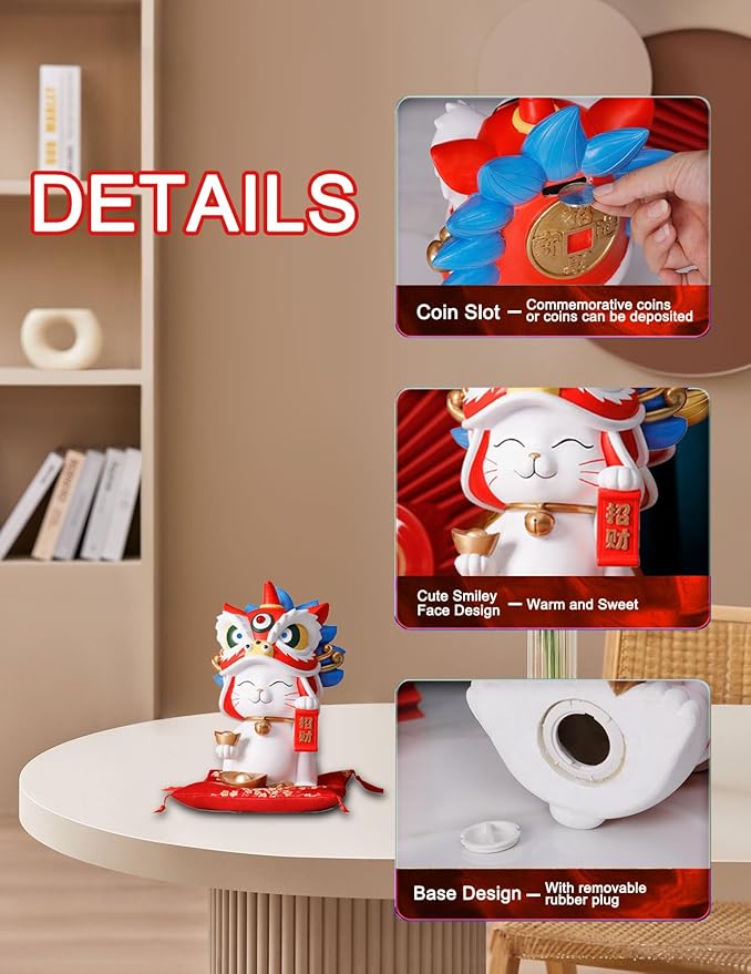 Lucky Cat Waving Arm Resin Statue, 11x7.1x6.3in Maneki Neko Fortune Cat Coin Bank Chinese Lion Dance Figurine for Store Opening Home Office Desk Decor White Waving Cat Ornament