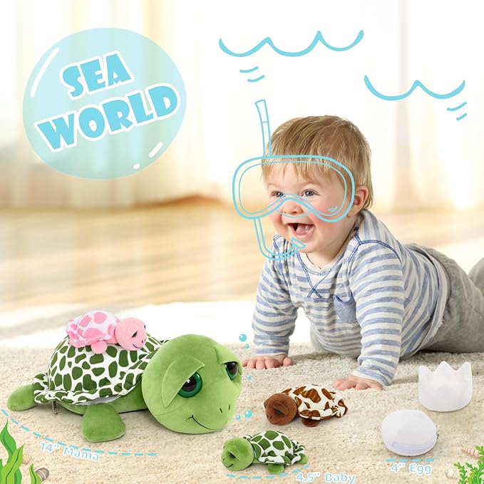 MorisMos Sea Turtle Stuffed Animal with Babies, 14'' Mommy Stuffed Turtle with 3 Babies & 2 Plush Eggs in Tummy, Big-Eyed Sea Tortoise Toys for Kids Toddlers,Sea Stuffed Animals,Tortoise Plush Pillow