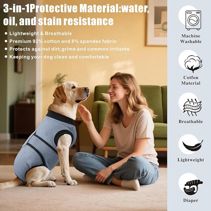 Idepet Dog Recovery Suit Female,Dogs Onesie Suit Surgery Male Breathable Pet Bodysuit for Spay Neuter E-Collar & Cone Alternative Surgical Suit Puppy Abdominal Anti Licking Wounds Shirt (Gray, M)