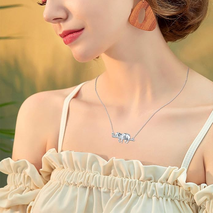 JUSTKIDSTOY Sloth Necklace Sterling Silver “Slow Down Be Happy” Slider Sloths Stuffed Animal Pendant Jewelry Charm Gifts for Women