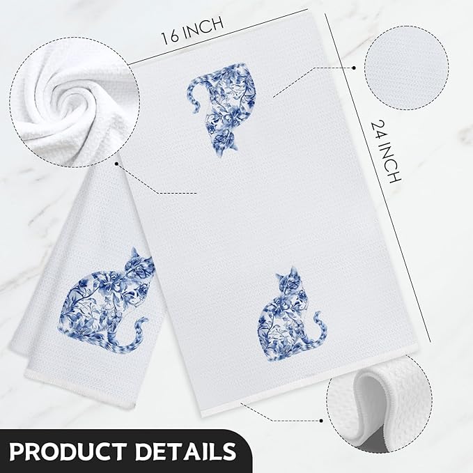 Chinoiserie Cat Kitchen Towels, Blue and White Grandmillennial Floral Cat Decorative Hand Towels for Bathroom, Cats Lover Mom Lady Gifts Dish Tea Towels for Kitchen, 16x24 Inch