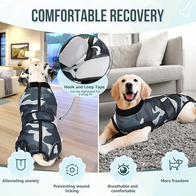 Lukovee Recovery Suit for Dogs, Zipper On Recovery Suit for Female Male Dog, Onesie Abdominal Wounds Cone E-Collar Alternative Prevent Licking Spay Recovery Suit (XX-Large, Camouflage)